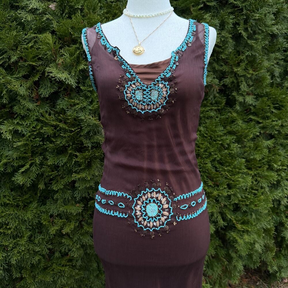 Zoe D. Beaded Dress XS – Sheer Brown Turquoise Hand Beaded Y2K Cocktail Dress
